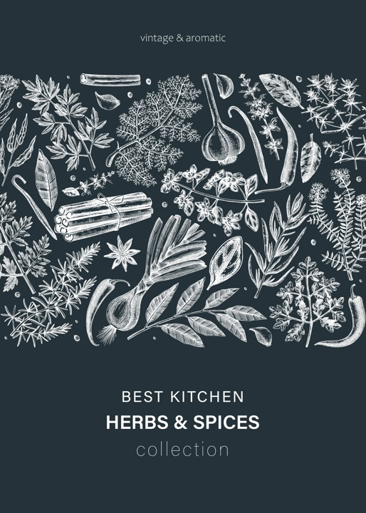 Hand-drawn herbs and spices vector card on chalkboard. Hand-sketched food illustration. Aromatic plant drawings. Kitchen herbs and spice frame template in sketched style for invitation, menu, banners